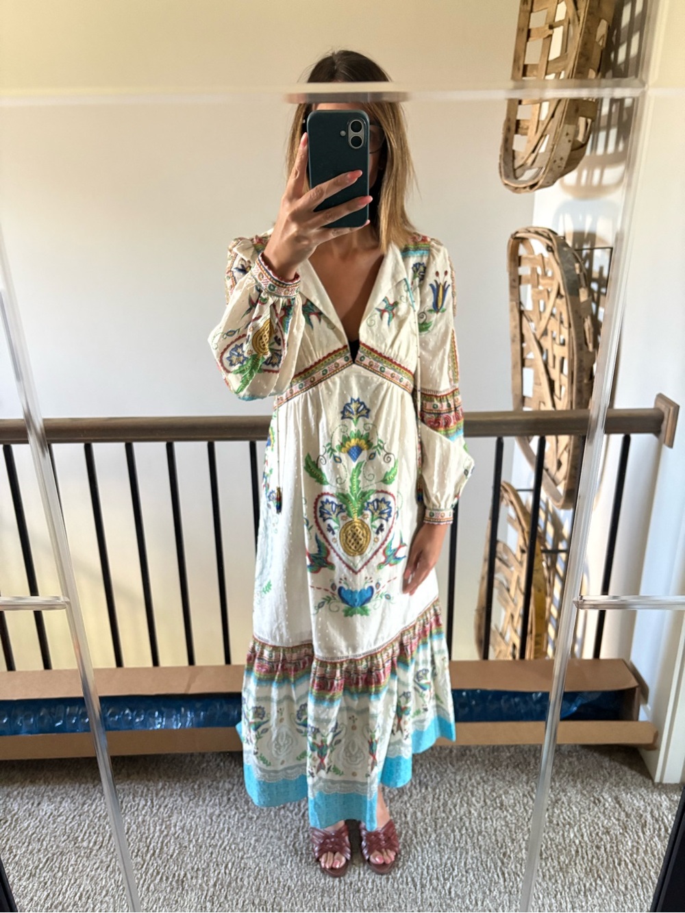 Farm Rio Boho Floral Embroidered Maxi Dress in Ivory and Teal - Picture 12 of 12